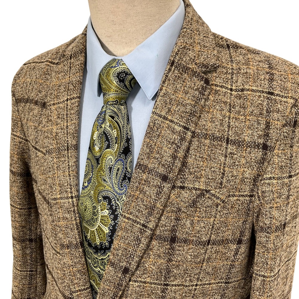 YFFUSHI Blazer Mens Medium Brown Tan Plaid Wool Lightweight Sport Coat Jacket